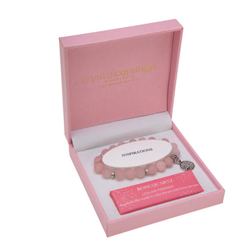 Rose Quartz Matte Bracelet Tree Of Life Charm 10mm Bead in Pink Box