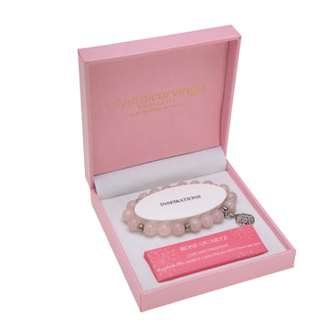 Rose Quartz Bracelet Tree Of Life Charm 10mm Bead in Pink Box