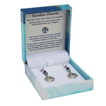 Tree of Life Duo Earrings- Rainbow Fluorite Rhodium